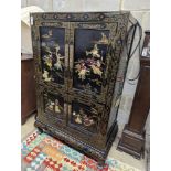 A Chinese hardstone mounted black lacquered four door side cabinet, width 92cm, depth 51cm, height