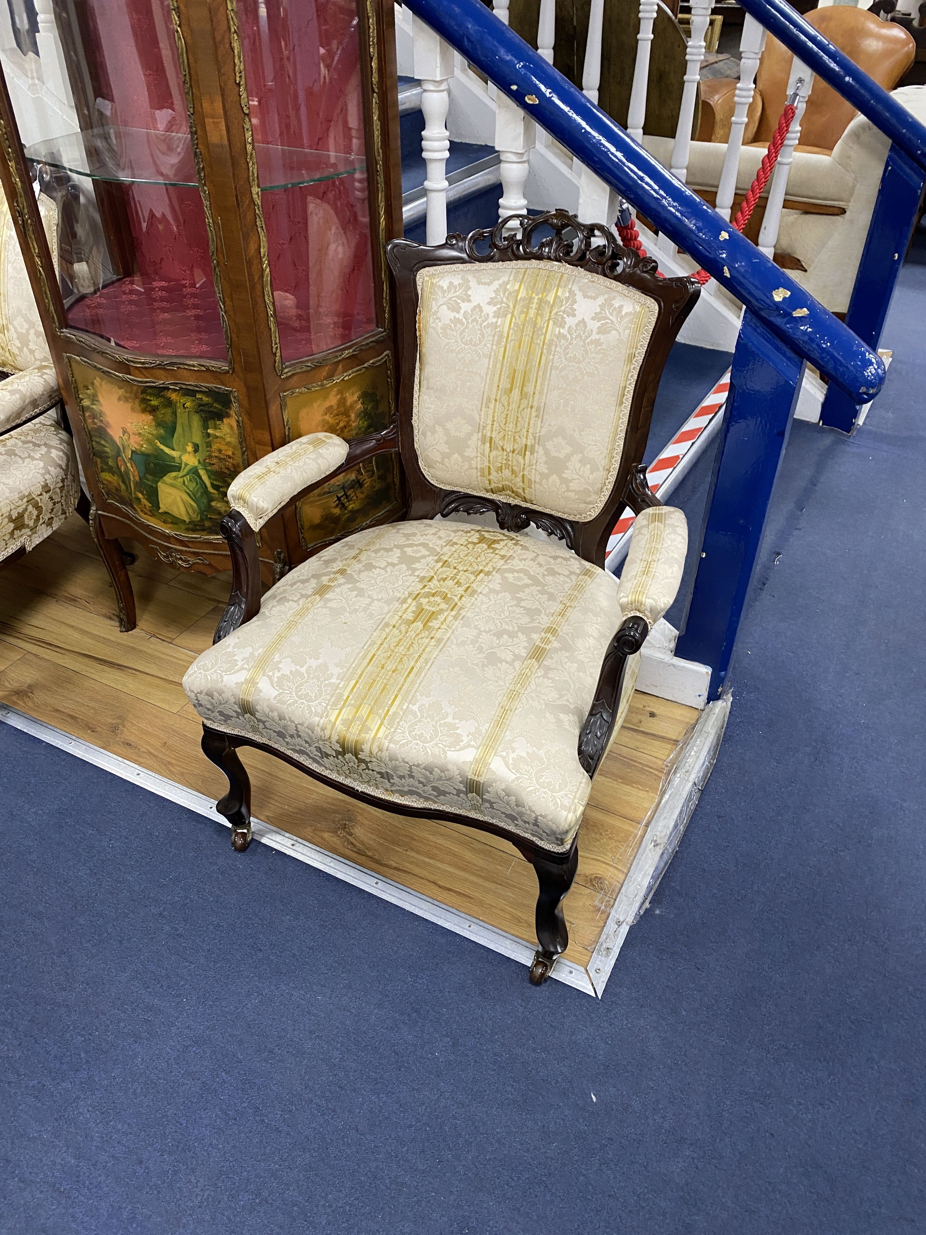 A pair of late Victorian carved mahogany open armchairs, width 66cm, depth 70cm, height 76cm - Image 2 of 4