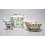 A Chinese famille rose teapot, a similar bowl and an enamelled porcelain jug (3)