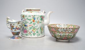 A Chinese famille rose teapot, a similar bowl and an enamelled porcelain jug (3)