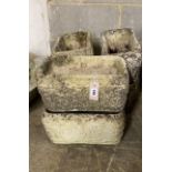 Six rectangular reconstituted stone garden planters, width 34cm, depth 18cm, height 18cm