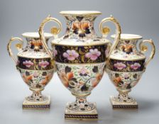 An early 19th century Derby garniture of Imari style vases 29cm