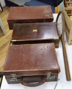 A brass bound writing slope, two small cases of Masonic Regalia and an antique tennis racquet