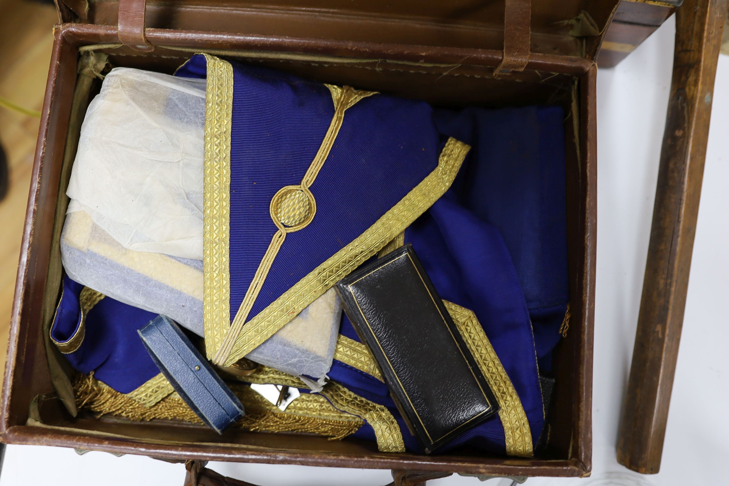 A brass bound writing slope, two small cases of Masonic Regalia and an antique tennis racquet - Image 3 of 6