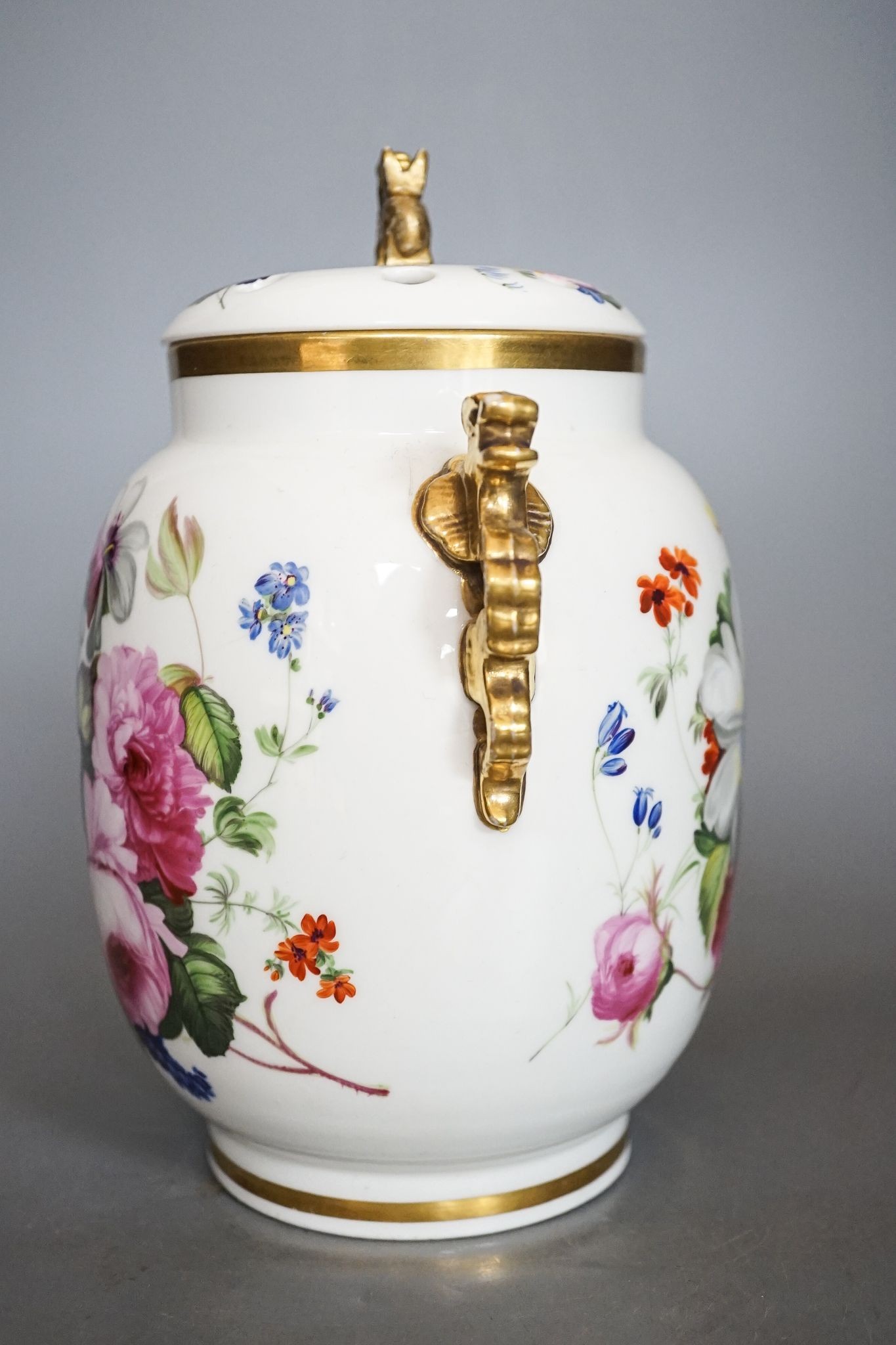 An English porcelain pot pourri vase, cover and inner cover, probably Coalport, painted with roses - Image 3 of 7