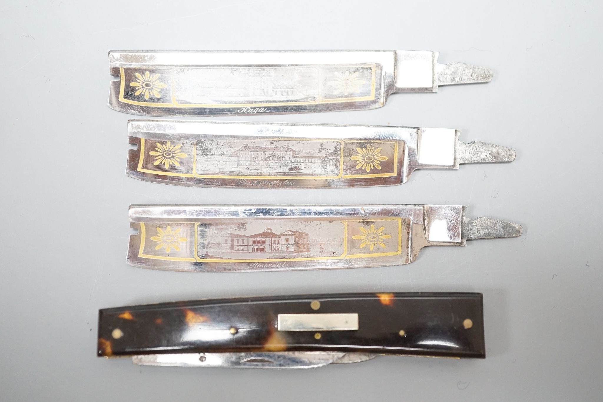 A 19th century Ostenberg morocco leather cased set of three cut throat razors with topographical - Image 3 of 3