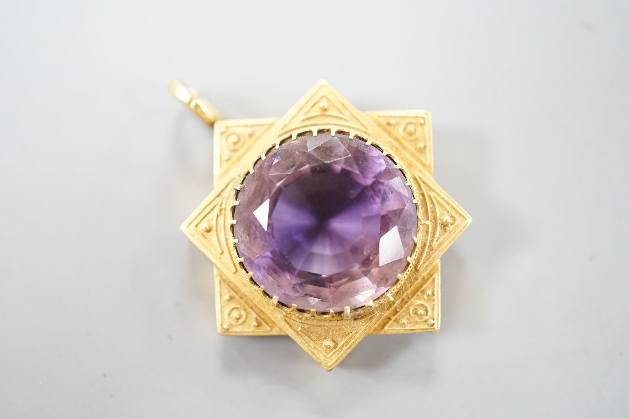 A late Victorian yellow metal and amethyst set pendant, 35mm, gross 7.5 grams. - Image 2 of 3