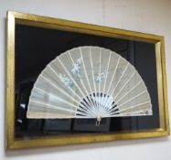 A framed 19th century French mother of pearl and painted silk fan, approx. 60cm long excl frame