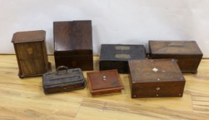 An inlaid miniature linen press, Japanese lacquer box, a stationary box and tea caddy etc (7 items