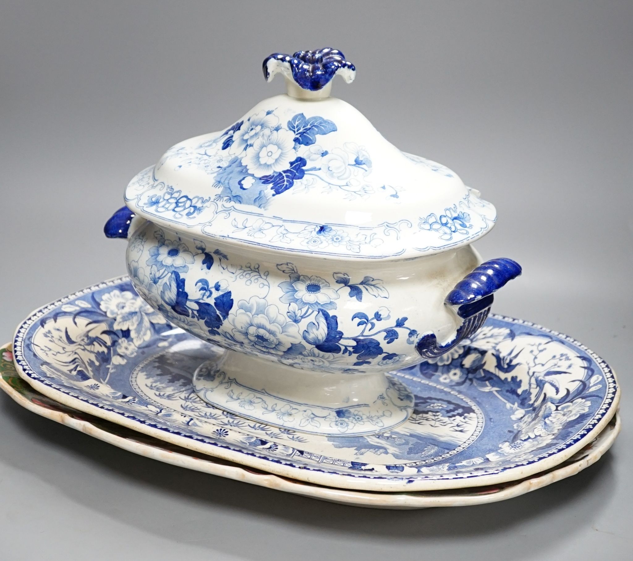 A Victorian Stone China soup tureen, 35cm wide, a Victorian blue-printed meat plate and a Masons