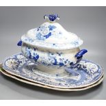 A Victorian Stone China soup tureen, 35cm wide, a Victorian blue-printed meat plate and a Masons