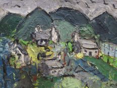 After Kyffin Williams, oil on board, Cottages on a hillside, bears initials, 34 x 44cm