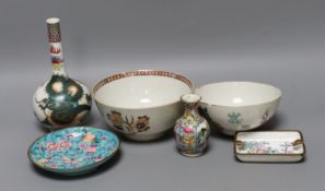 Two Chinese enamelled porcelain bowls and two vases and two Canton enamel dishes, 18th century and