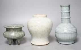 Three Chinese crackle glaze vases or vessels, 19th century and later, tallest 22cm