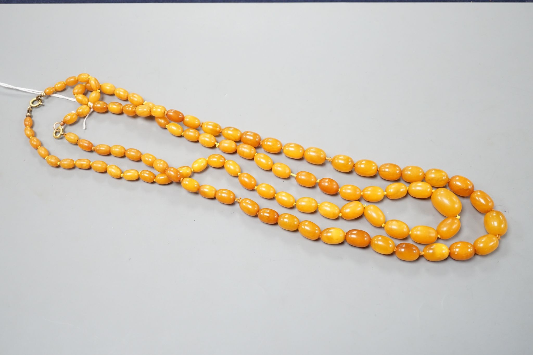 Two single strand graduated oval amber bead necklace, longest 70cm, gross weight 72 grams. - Image 2 of 5