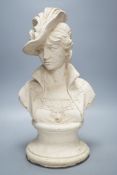 A composition bust of a 19th century lady in feather hat,47 cms high.