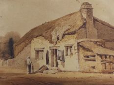 Samuel Prout (1783-1852), watercolour, Figure beside a thatched cottage, signed, 18 x 25cm