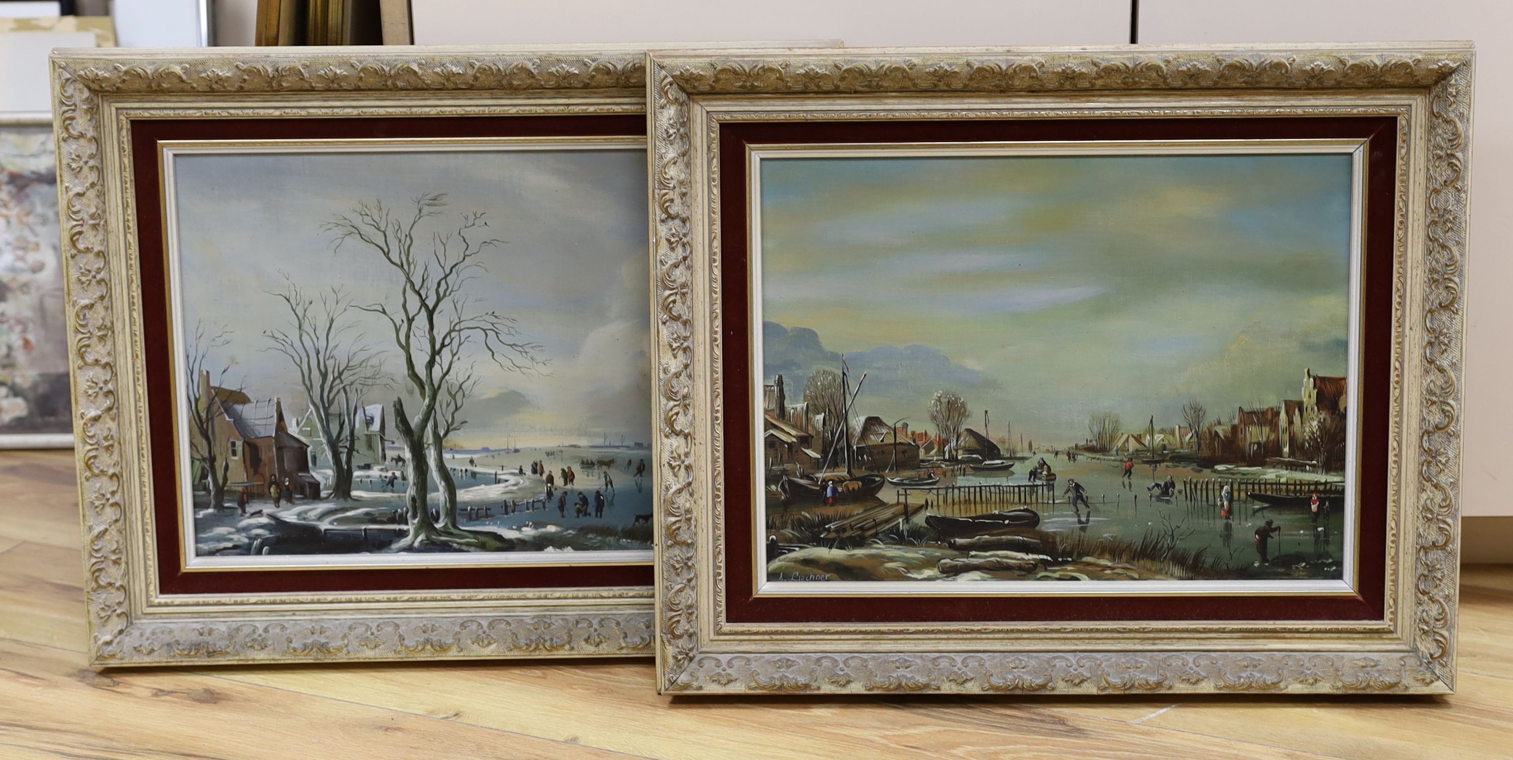 A. Liechner, pair of oils on canvas, Dutch winter landscape, signed, 30 x 40cm