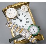 A Maurice Lacroix wrist watch, a carriage timepiece and three other watches including enamel(a.f.).