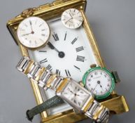 A Maurice Lacroix wrist watch, a carriage timepiece and three other watches including enamel(a.f.).