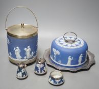 A Victorian Wedgwood blue jasper biscuit barrel and a blue jasper cheese dish cover, with a plated