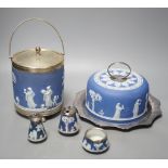 A Victorian Wedgwood blue jasper biscuit barrel and a blue jasper cheese dish cover, with a plated