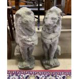 A pair of reconstituted stone seated lion garden ornaments, height 52cm