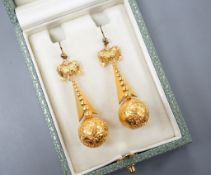 A pair of yellow metal drop earrings, 43mm,