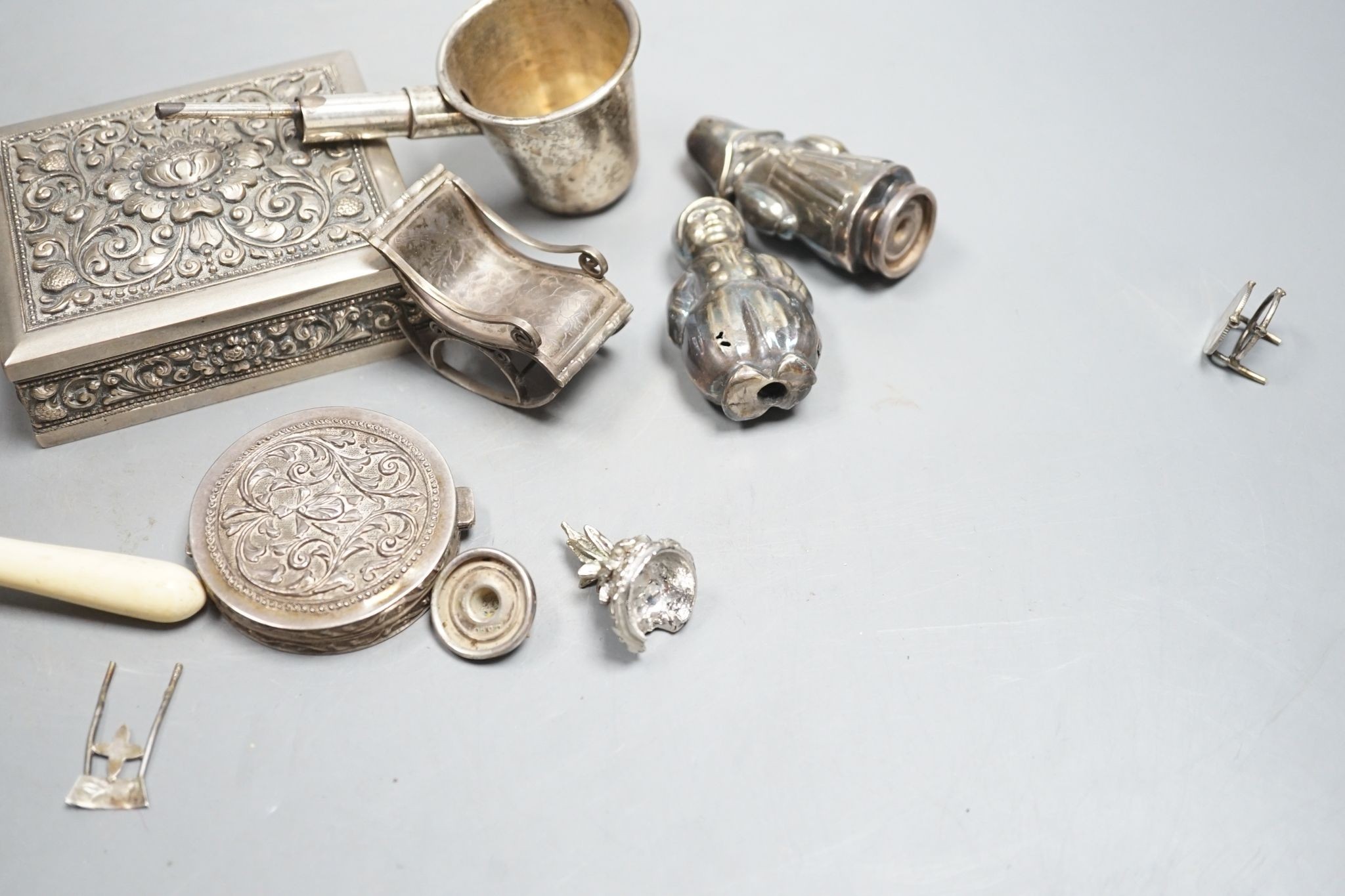 A group of small continental white metal items including a 800 compact, coin mounted miniature - Image 5 of 5