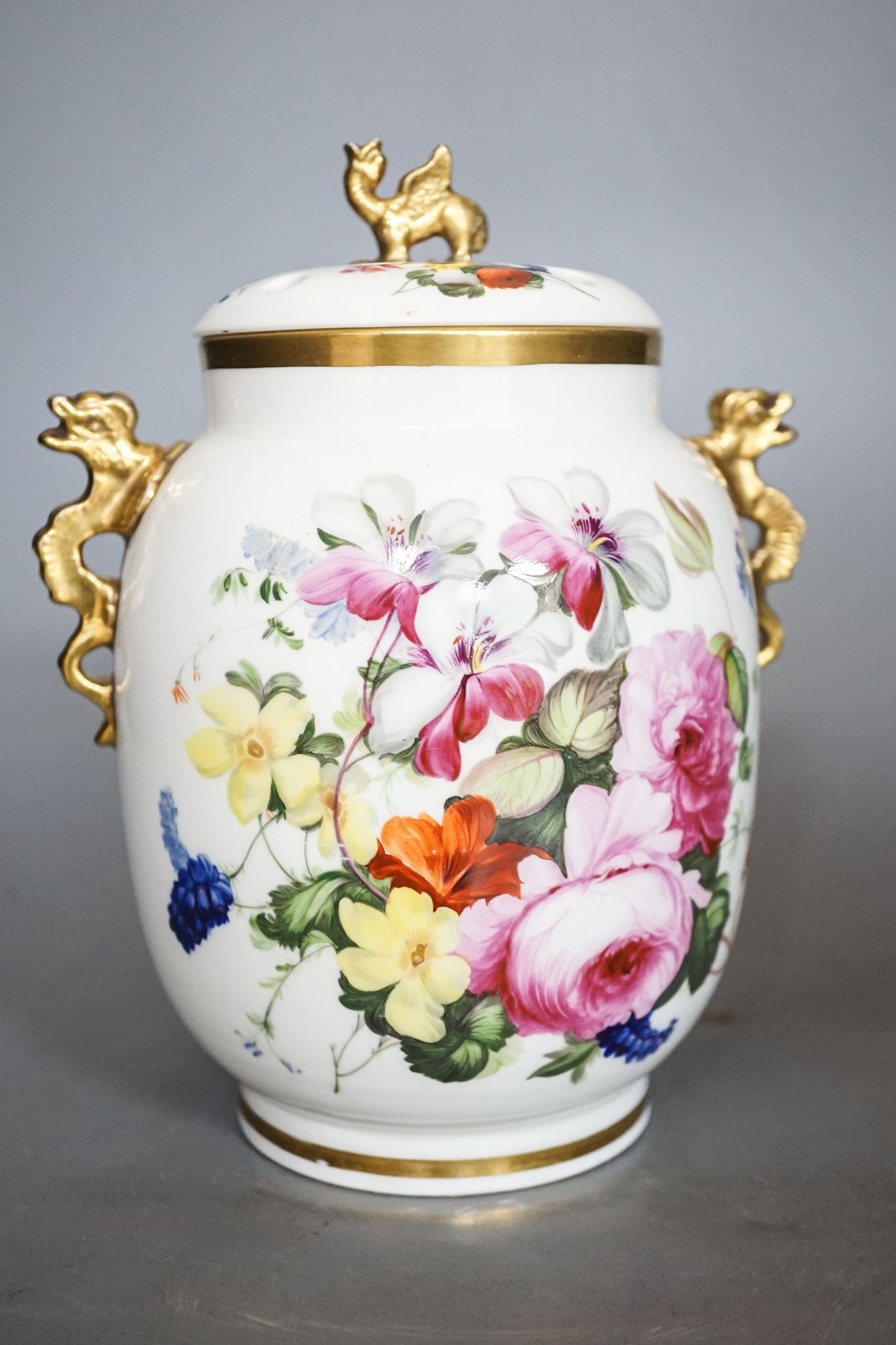An English porcelain pot pourri vase, cover and inner cover, probably Coalport, painted with roses - Image 4 of 7