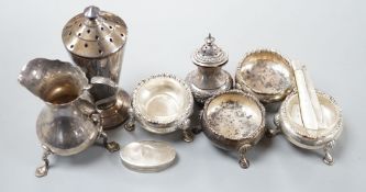 Sundry silver including four Georgian salts, and Art Deco sugar caster, cream jug, condiment and