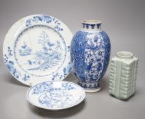 A Chinese blue and white ovoid vase, 20cm a similar dish and plates and celadon glazed vase