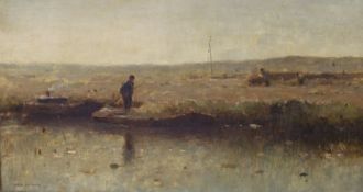 19th Century Dutch School, oil on canvas, Boatman amongst marshes, indistinctly signed, 24 x 44cm