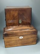 A 19th century mahogany tea caddy and a walnut 2 door smokers cabinet,Smokers cabinet 33 cms high.