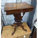 A Victorian walnut trumpet work table, the hinged top inset with a Tunbridge inlaid view of Eridge