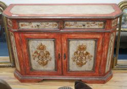 An 18th century French provincial style painted two door side cabinet, length 150cm, depth 49cm,