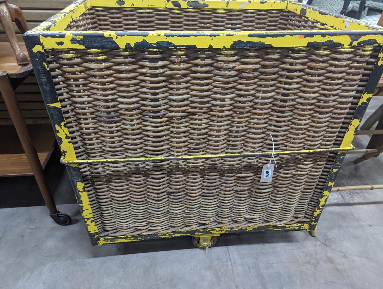A vintage wicker and iron laundry basket on wheels, width 85cm, depth 61cm, height 87cm - Image 3 of 4