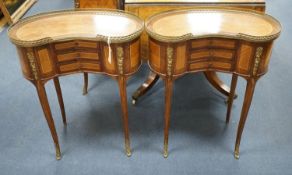 A pair of Louis XV design galleried kidney shaped occasional tables, width 59cm, depth 29cm,