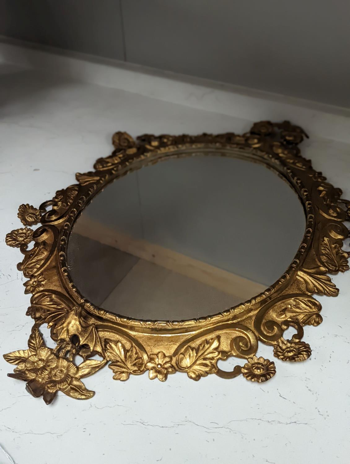 A pair of gilt brass wall mirrors, decorated with bats and flowers 56cm - Image 5 of 5
