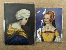 19th century English School, two watercolour on ivory miniatures, Portrait of Catherine Parr c.1853,