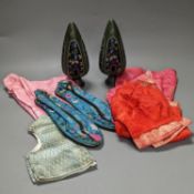 A pair of Japanese cloisonné enamel vases, Japanese slippers and other clothing