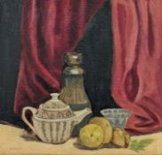 After J.B. Manson, oil on board, Still life of a teapot and fruit, 39 x 40cm