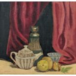 After J.B. Manson, oil on board, Still life of a teapot and fruit, 39 x 40cm