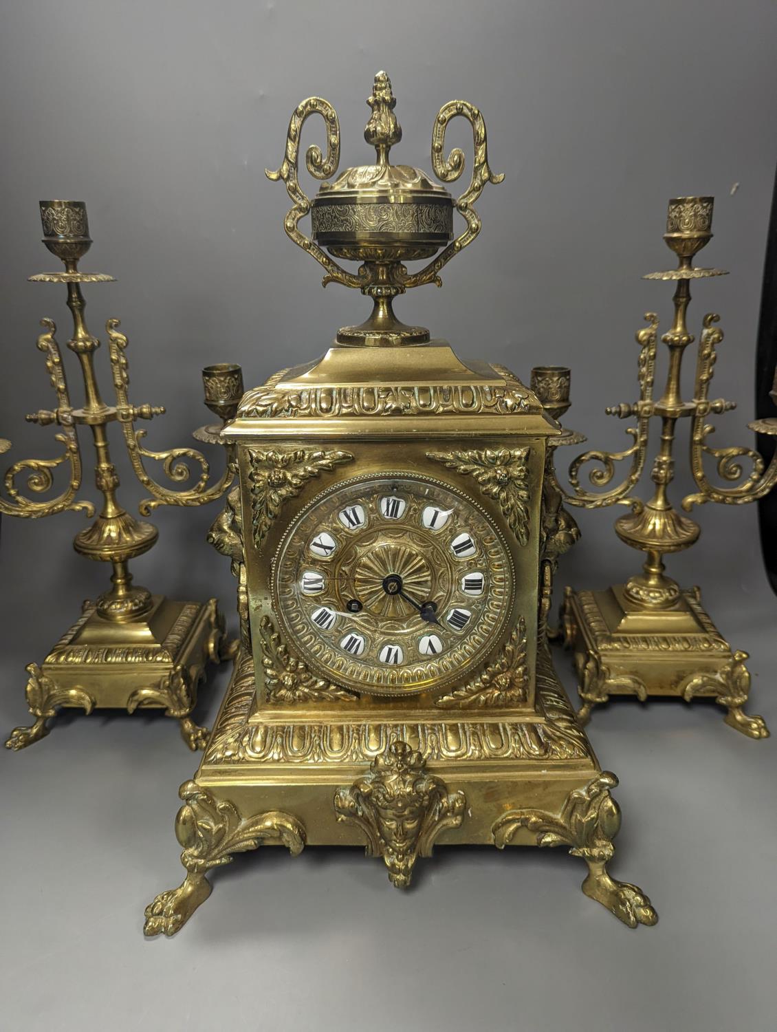 A 19th century French ornate brass clock garniture including a pair of 3 branch candelabraClock 42 - Image 2 of 4