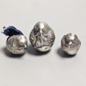 A suite of three Edwardian novelty silver mounted chick pin cushions, by Sampson Mordan & Co,