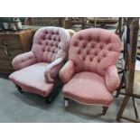 Two Victorian upholstered armchairs, width 62cm, depth 64cm, height 85cm