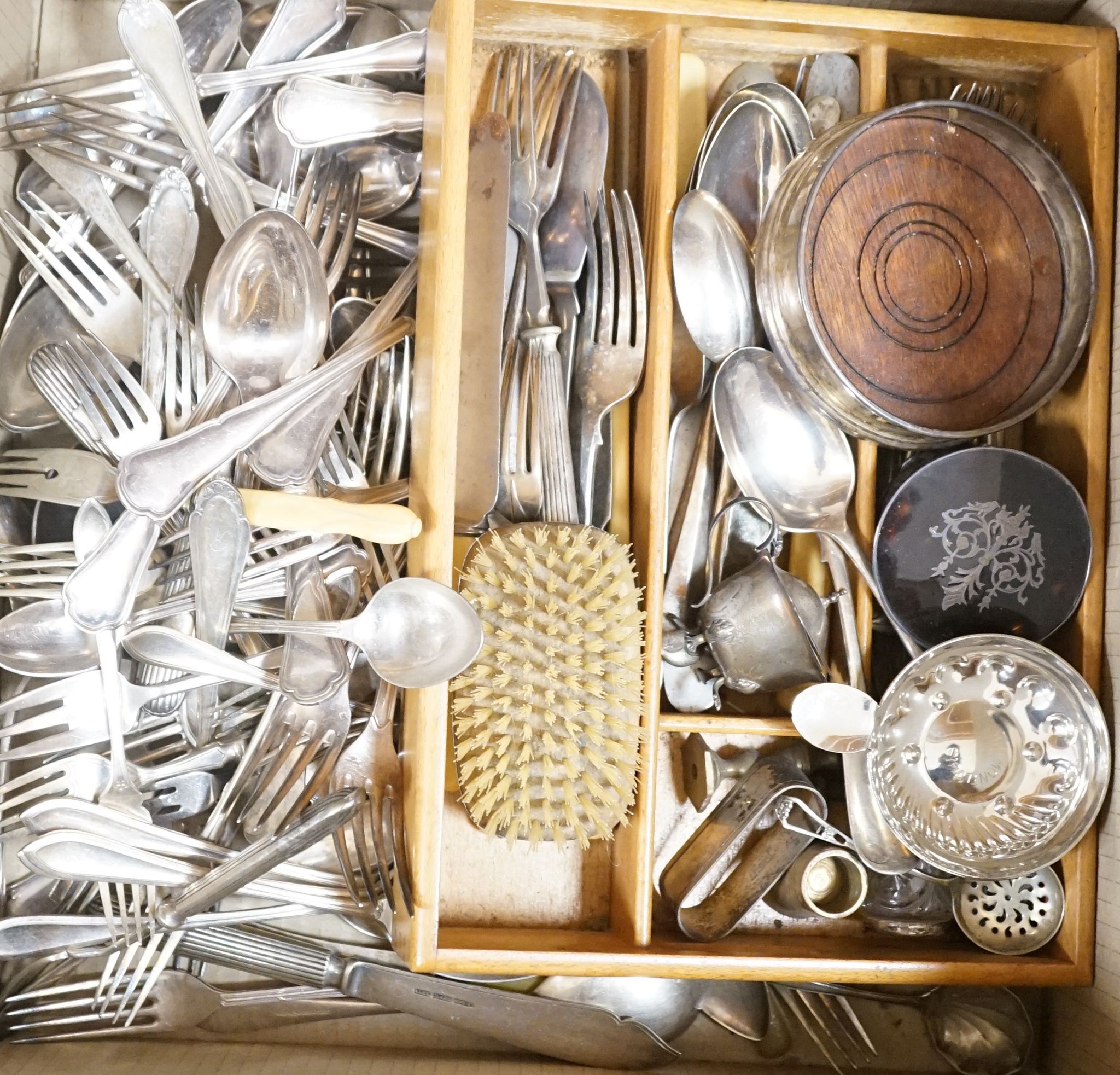 Small silver cutlery, together with a silver presentation coaster, a silver backed brush and various