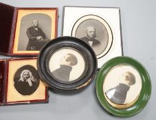 A collection of Victorian photographs etc including a tinted daguerreotype, three portrait