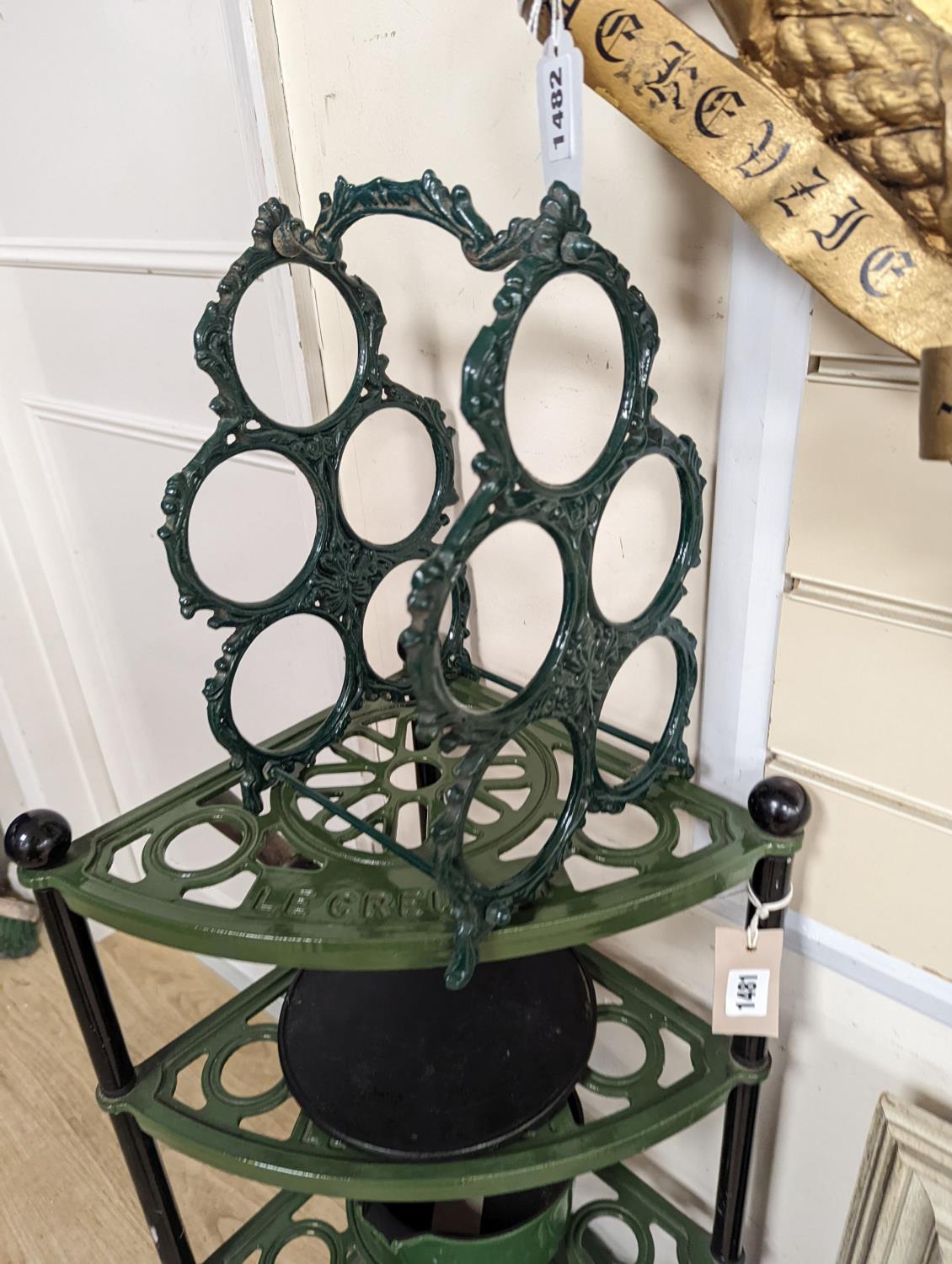 A green enamel Le Cruset pot stand, three pans and a bottle rack,stand 90 cms high. - Image 2 of 5