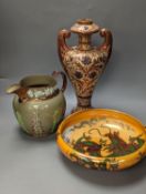 A Burley ware lustre dragon bowl, a lustre and fox glove designed jug and a Hispano-Moresque style